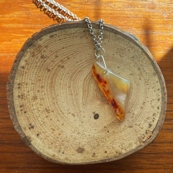 Unique Tan Rust Semi-Polished Glass Amber Pendant 24 in Stainless Steel Chain - Picture 3 of 6